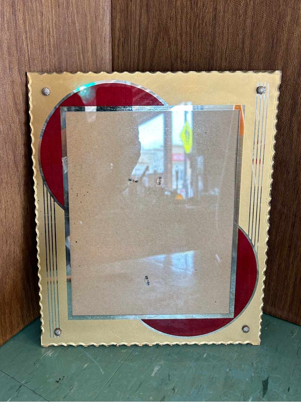 Vintage art deco picture frame glass maroon silver antique reverse painted